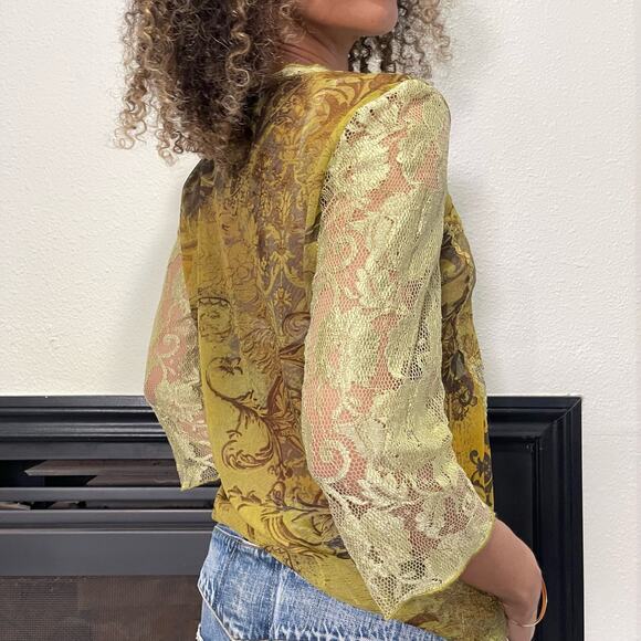 Italian Vintage 00s boho green floral sheer mesh & lace blouse (M) fairy grunge - Picture 3 of 9